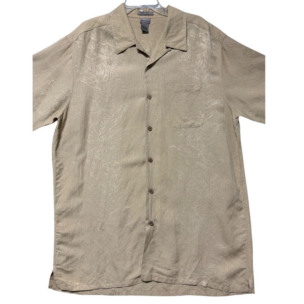 RR Casuals Mens XXL Tan Linen Rayon Floral‎ Jacquard Short Sleeve  Shirt